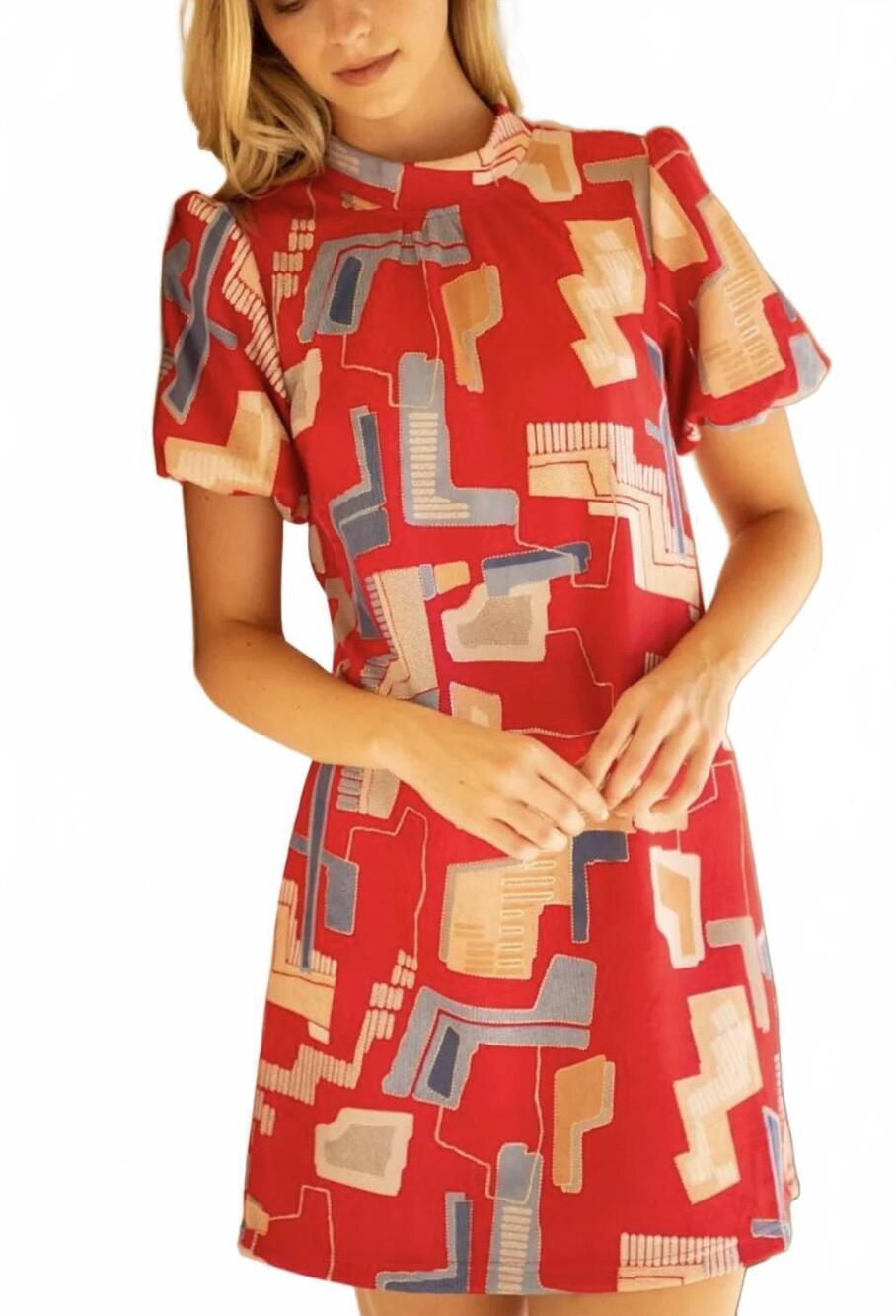 NEW VOY geometric print tie back shift dress in red